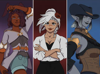 A group of 3 drawings of players from Final Fantasy XIV.