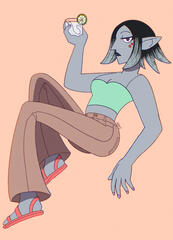 A stylized drawing of a gray elf in stylish pants and a crop top, with a refreshing drink in her hand.